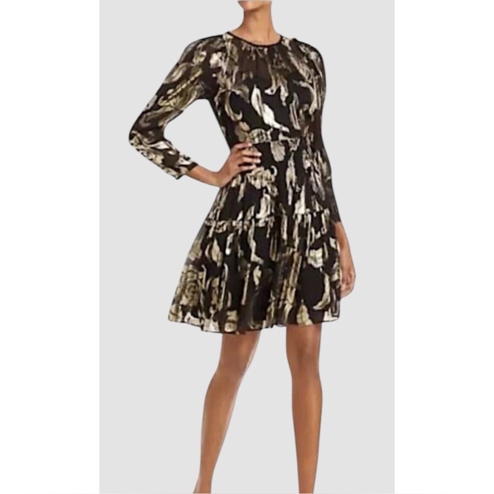 REBECCA TAYLOR | $495 NWT Silk Datura Mini Dress in Black and Gold, Size 6
